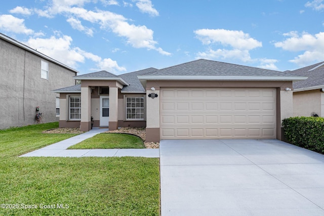 2383 Glasbern Cir, Melbourne, FL 32904 - ranch-style home featuring stucco siding, driveway, a garage, a front lawn, and roof with shingles