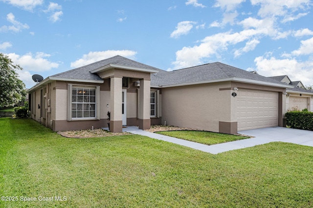 2383 Glasbern Cir, Melbourne, FL 32904 - view of front of home with stucco siding, a garage, a front yard, concrete driveway, and a shingled roof