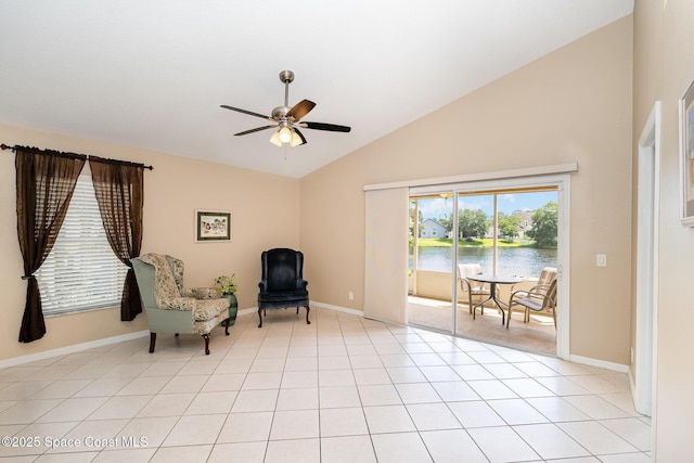 2383 Glasbern Cir, Melbourne, FL 32904 - living area featuring ceiling fan, a water view, and high vaulted ceiling