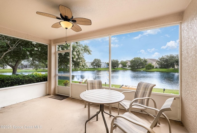 2383 Glasbern Cir, Melbourne, FL 32904 - sunroom / solarium featuring a water view and ceiling fan