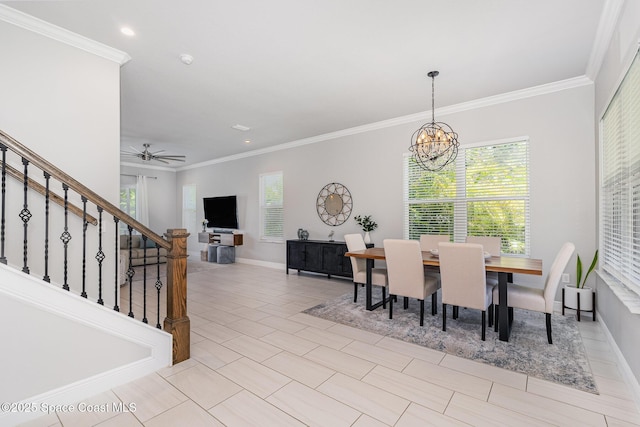 120 Heron Dr, Melbourne Beach, FL 32951 - dining space with plenty of natural light, a chandelier, ornamental molding, stairs, and recessed lighting