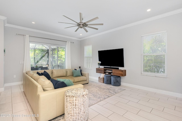 120 Heron Dr, Melbourne Beach, FL 32951 - living area with ceiling fan, ornamental molding, recessed lighting, and light tile patterned flooring