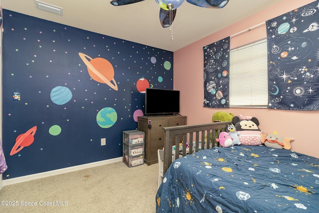 583 Mandan Ave, Melbourne, FL 32935 - bedroom featuring carpet floors, ceiling fan, and wallpapered walls