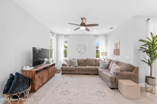 3089 Ribbon Grass Dr, Melbourne, FL 32940 - living room featuring ceiling fan, plenty of natural light, light tile patterned floors, and recessed lighting