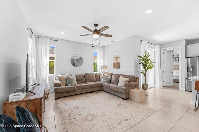 3089 Ribbon Grass Dr, Melbourne, FL 32940 - living room featuring light tile patterned floors, a ceiling fan, and recessed lighting