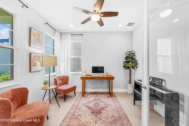 3089 Ribbon Grass Dr, Melbourne, FL 32940 - home office featuring light tile patterned flooring, a ceiling fan, healthy amount of natural light, and recessed lighting
