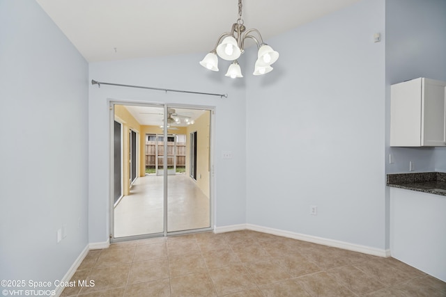 183 Frante Ave NE, Palm Bay, FL 32907 - unfurnished dining area featuring a chandelier, light tile patterned floors, and lofted ceiling