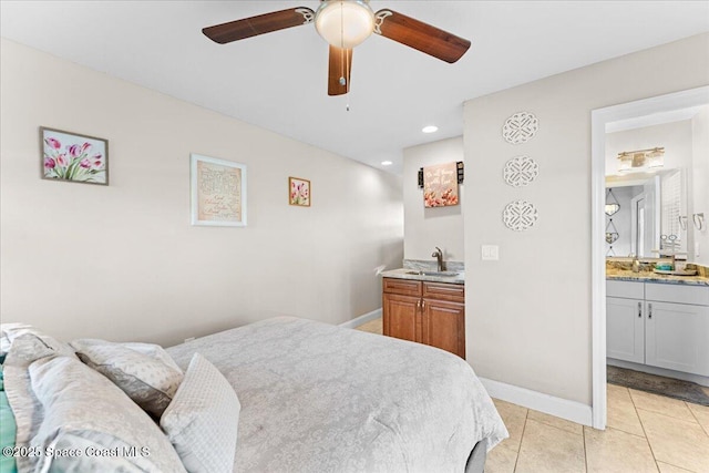 260 Utopia Cir, Merritt Island, FL 32952 - bedroom with wet bar, light tile patterned floors, recessed lighting, ensuite bathroom, and a ceiling fan