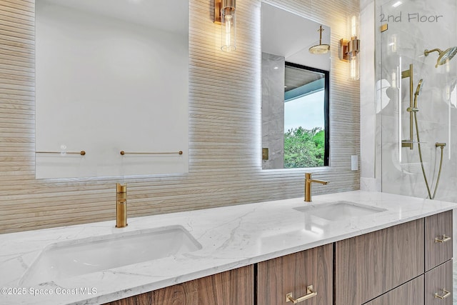16 Seaside Ave, Key Largo, FL 33037 - full bath featuring double vanity, decorative backsplash, and a shower