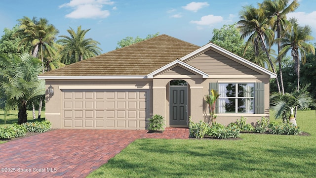 1285 Dugan Cir SE, Palm Bay, FL 32909 - view of front facade with an attached garage, stucco siding, decorative driveway, and a front yard