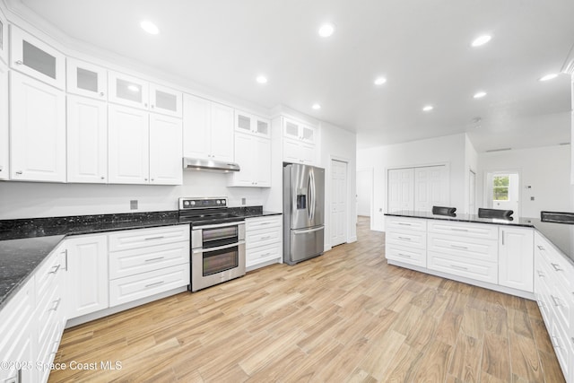 156 Puddle Duck Ln, Grant-Valkaria, FL 32909 - kitchen with stainless steel appliances, under cabinet range hood, white cabinets, light wood finished floors, and recessed lighting