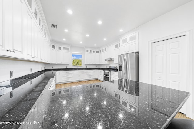 156 Puddle Duck Ln, Grant-Valkaria, FL 32909 - kitchen featuring appliances with stainless steel finishes, white cabinets, under cabinet range hood, recessed lighting, and dark stone countertops