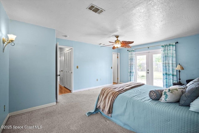 3664 Longbow Rd, Cocoa, FL 32926 - bedroom featuring french doors, access to outside, carpet flooring, and a ceiling fan