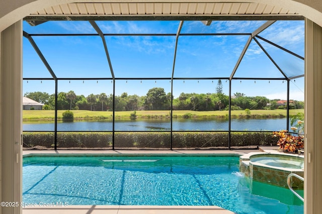 7987 Bradwick Way, Melbourne, FL 32940 - view of swimming pool with a lanai, a water view, and view of wooded area