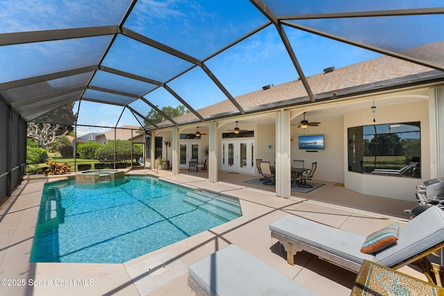 7987 Bradwick Way, Melbourne, FL 32940 - view of swimming pool with french doors, ceiling fan, a patio area, and glass enclosure