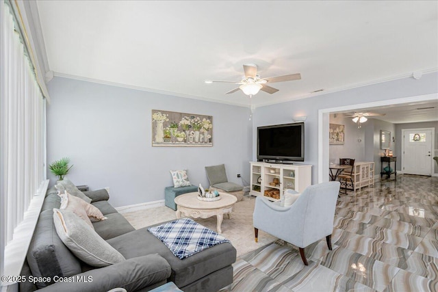955 Bartlett Ln, Rockledge, FL 32955 - living area featuring ceiling fan, crown molding, and healthy amount of natural light