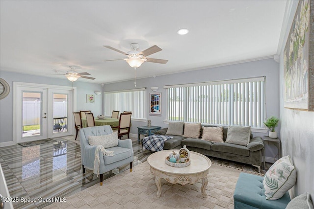 955 Bartlett Ln, Rockledge, FL 32955 - living area featuring french doors, ceiling fan, and crown molding
