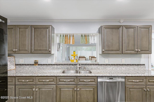 955 Bartlett Ln, Rockledge, FL 32955 - kitchen with dishwasher, ornamental molding, tasteful backsplash, and light stone counters