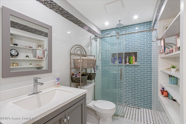 955 Bartlett Ln, Rockledge, FL 32955 - bathroom with a shower stall, vanity, and tile patterned flooring