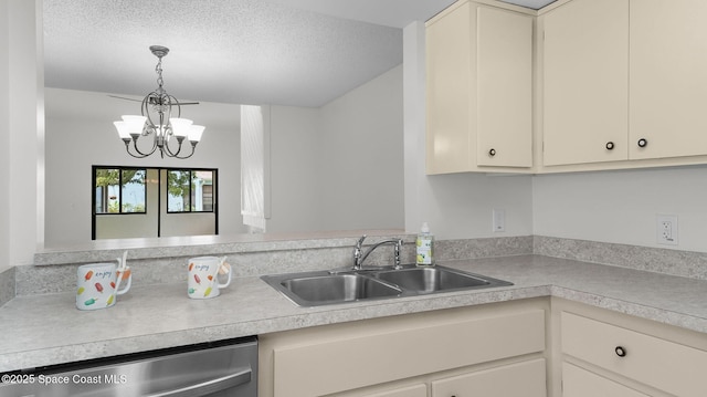 1734 Bluebird Ct, Melbourne, FL 32935 - kitchen featuring stainless steel dishwasher, light countertops, a chandelier, hanging light fixtures, and a textured ceiling