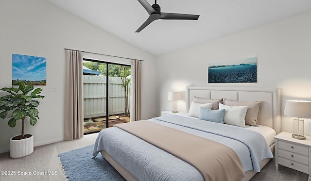 1734 Bluebird Ct, Melbourne, FL 32935 - bedroom featuring access to exterior, carpet, lofted ceiling, and a ceiling fan