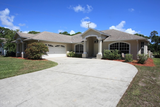 1366 17th Pl SW, Vero Beach, FL 32962 - ranch-style house featuring a garage, stucco siding, driveway, a front lawn, and a shingled roof