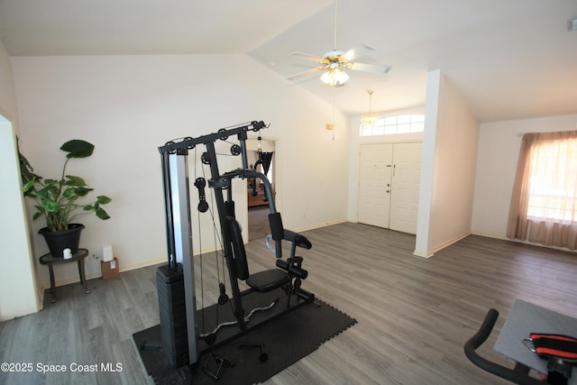 1366 17th Pl SW, Vero Beach, FL 32962 - workout area with vaulted ceiling, wood finished floors, and ceiling fan