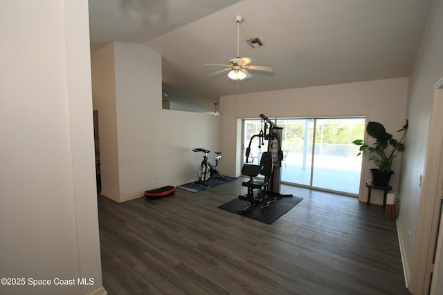 1366 17th Pl SW, Vero Beach, FL 32962 - workout area featuring a ceiling fan, dark wood-style floors, and lofted ceiling