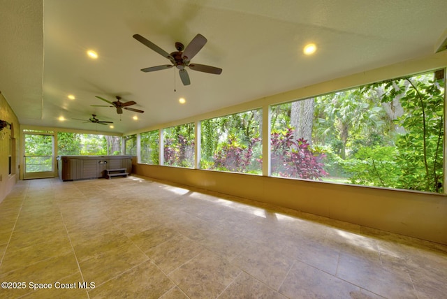 6065 Balboa St, Cocoa, FL 32927 - unfurnished sunroom with a jacuzzi, ceiling fan, and recessed lighting