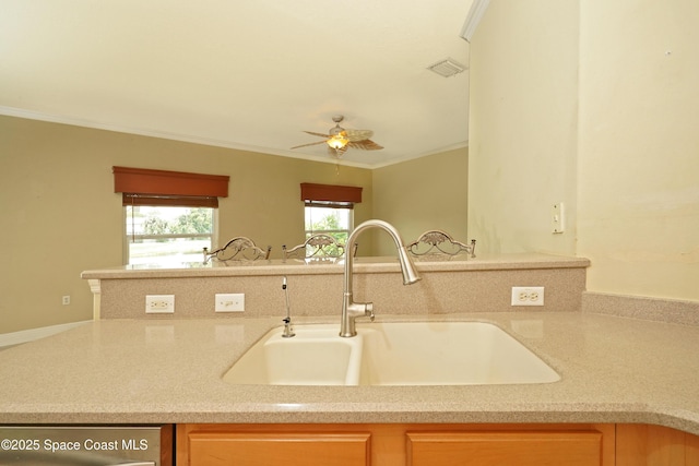 401 Stonehenge Cir, Rockledge, FL 32955 - kitchen featuring ornamental molding, stainless steel dishwasher, ceiling fan, and light countertops