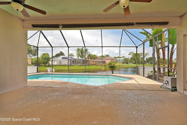 401 Stonehenge Cir, Rockledge, FL 32955 - outdoor pool featuring a ceiling fan, a patio, and a water view
