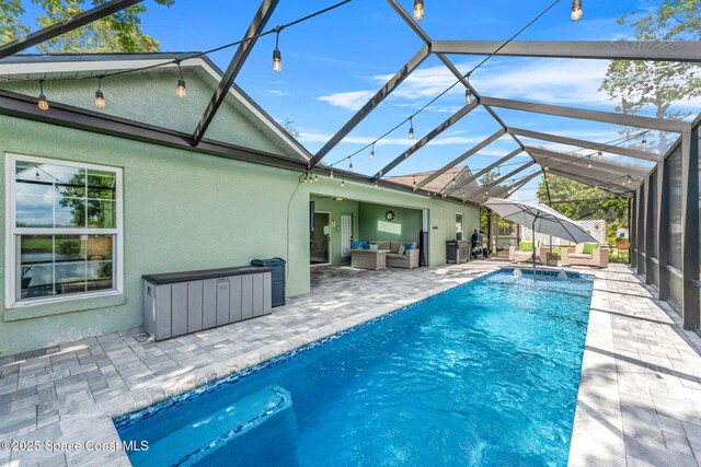 1218 Rolling Meadows Dr, Rockledge, FL 32955 - outdoor pool with an outdoor hangout area, a patio area, a ceiling fan, and a lanai