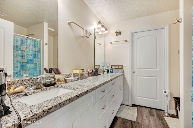 1689 Colorado St SE, Palm Bay, FL 32909 - bathroom with a textured ceiling, wood finished floors, and double vanity