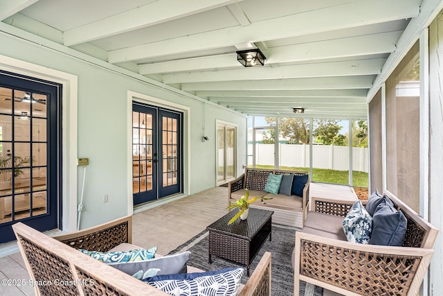 362 Nikomas Way, Melbourne Beach, FL 32951 - sunroom / solarium featuring french doors, an outdoor hangout area, and beamed ceiling