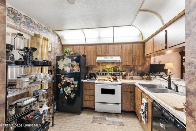 313 La Paloma Ln, Titusville, FL 32780 - kitchen featuring black appliances, range hood, brown cabinetry, and light countertops