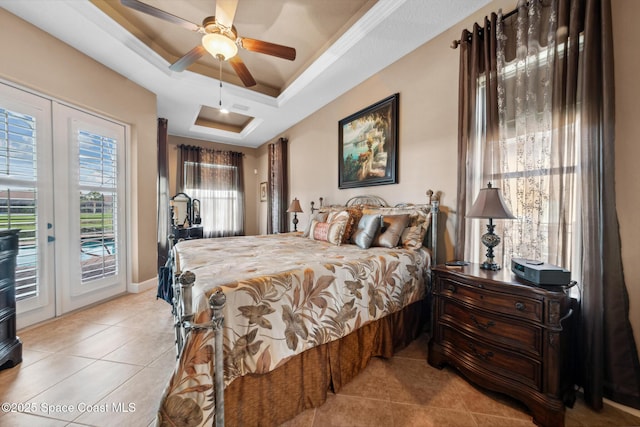3079 Levanto Dr, Melbourne, FL 32940 - bedroom with access to outside, a raised ceiling, light tile patterned floors, ornamental molding, and ceiling fan