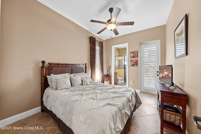 3079 Levanto Dr, Melbourne, FL 32940 - bedroom with light tile patterned floors, ensuite bathroom, and ceiling fan