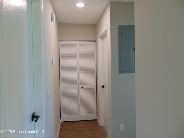 1943 Bradway St NE, Palm Bay, FL 32905 - corridor with electric panel, wood finished floors, and recessed lighting