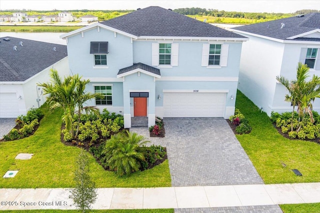 3538 Angler Dr, Ft Pierce, FL 34947 - view of front facade featuring roof with shingles, decorative driveway, stucco siding, a garage, and a front yard