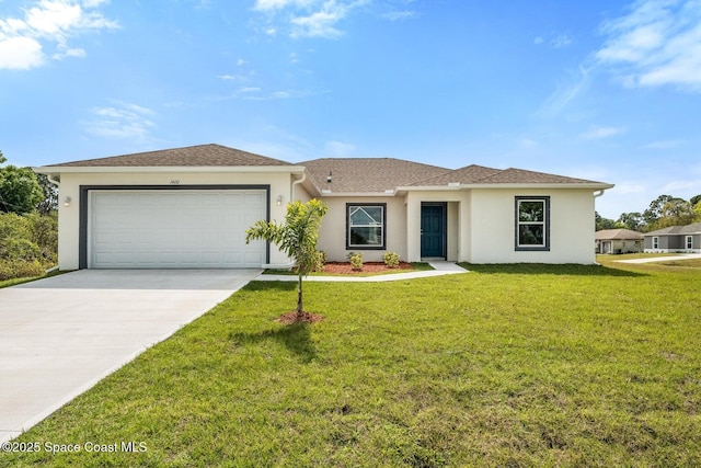 338 Mott St SW, Palm Bay, FL 32908 - ranch-style home featuring an attached garage, stucco siding, driveway, and a front lawn