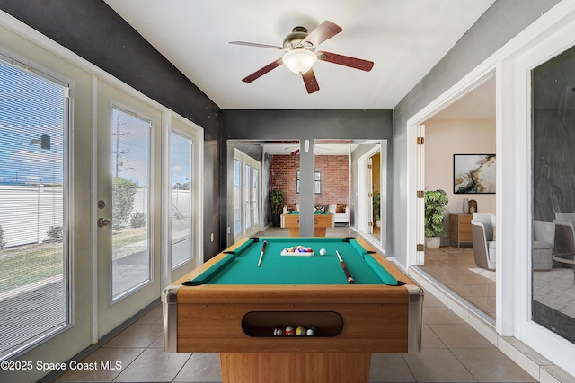 53 Emerald Ct, Satellite Beach, FL 32937 - game room with a ceiling fan, tile patterned floors, billiards, and french doors