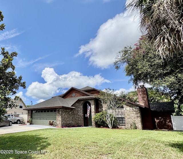 6860 Cairo Rd, Cocoa, FL 32927 - view of front of home with a front lawn, an attached garage, concrete driveway, a chimney, and brick siding