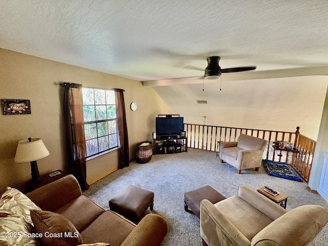 6860 Cairo Rd, Cocoa, FL 32927 - living area with carpet floors, a ceiling fan, and a textured ceiling