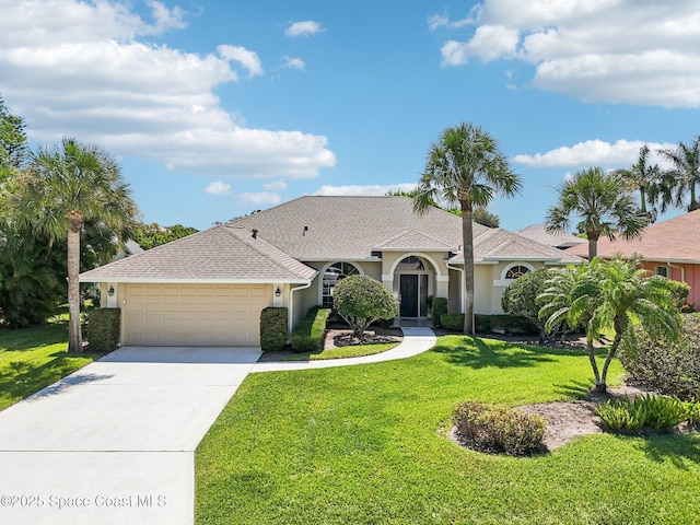 1526 Cypress Trace Dr, Melbourne, FL 32940 - view of front facade with stucco siding, an attached garage, a front lawn, driveway, and a shingled roof