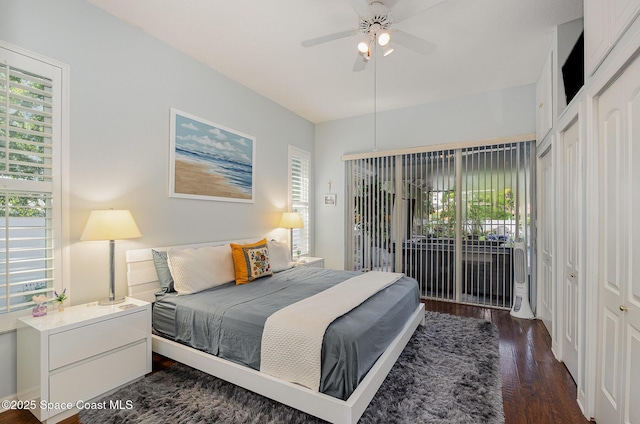 356 Fuller St SE, Palm Bay, FL 32909 - bedroom featuring wood finished floors, access to outside, multiple windows, and ceiling fan