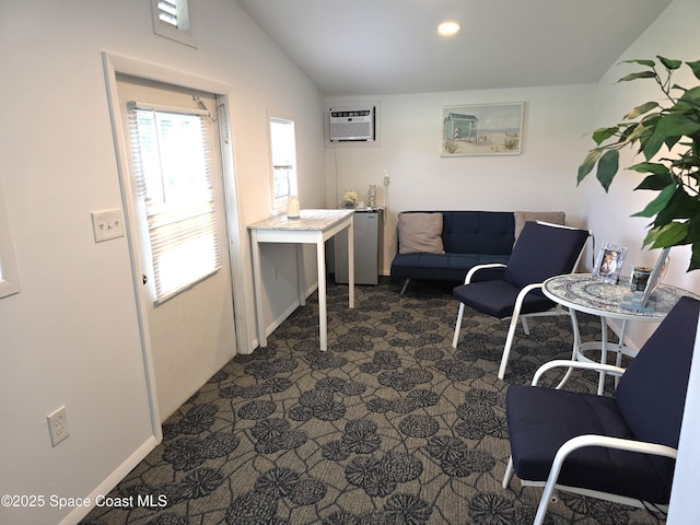 356 Fuller St SE, Palm Bay, FL 32909 - office featuring a wall mounted air conditioner, lofted ceiling, dark colored carpet, and recessed lighting