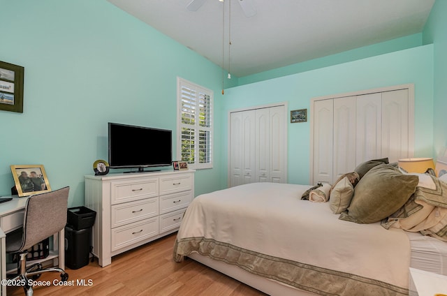 356 Fuller St SE, Palm Bay, FL 32909 - bedroom with two closets, light wood-style flooring, and ceiling fan