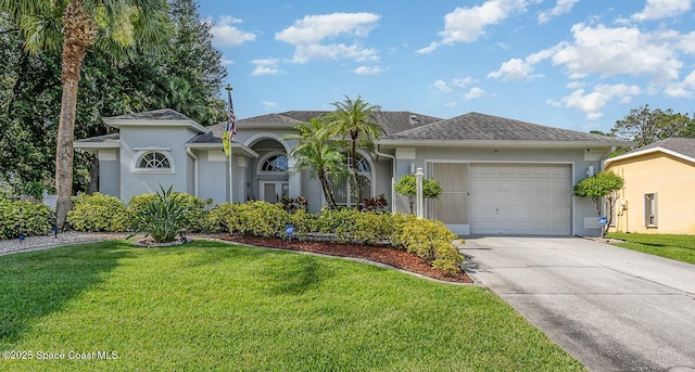 356 Fuller St SE, Palm Bay, FL 32909 - view of front facade with an attached garage, a front lawn, driveway, and stucco siding