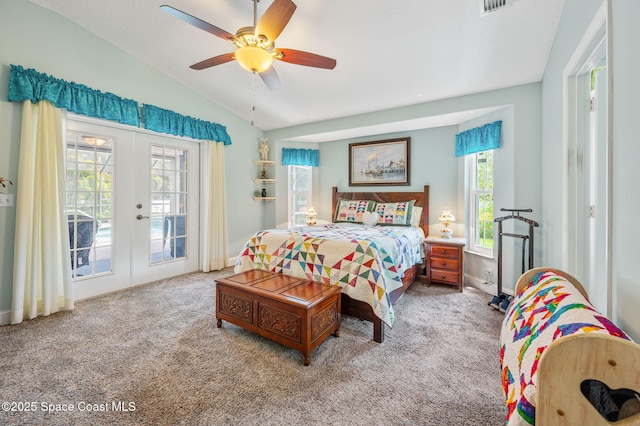 9495 Fleming Grant Rd, Sebastian, FL 32976 - carpeted bedroom featuring french doors, access to exterior, lofted ceiling, and a ceiling fan