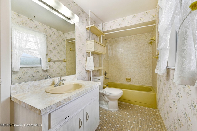 407 Heather Ave NE, Palm Bay, FL 32907 - bathroom with vanity,  shower combination, tile patterned floors, and wallpapered walls